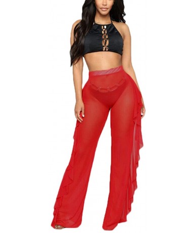 Cover-Ups Women Sexy Perspective Mesh Sheer Swim Pants Bikini Bottom Cover Up - Red 2 - CD18RIURAEC $21.78