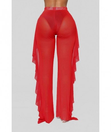 Cover-Ups Women Sexy Perspective Mesh Sheer Swim Pants Bikini Bottom Cover Up - Red 2 - CD18RIURAEC $21.78