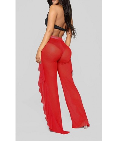 Cover-Ups Women Sexy Perspective Mesh Sheer Swim Pants Bikini Bottom Cover Up - Red 2 - CD18RIURAEC $21.78