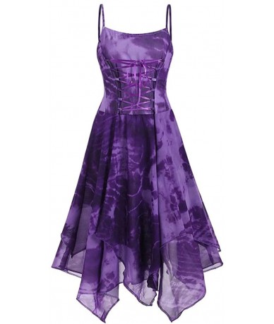 Cover-Ups Irregular Tie Dye Sleeveless Lace Up Corset Bodice Handkerchief Hem Dress Summer Beach Sun Dress - Z2-purple - C819...