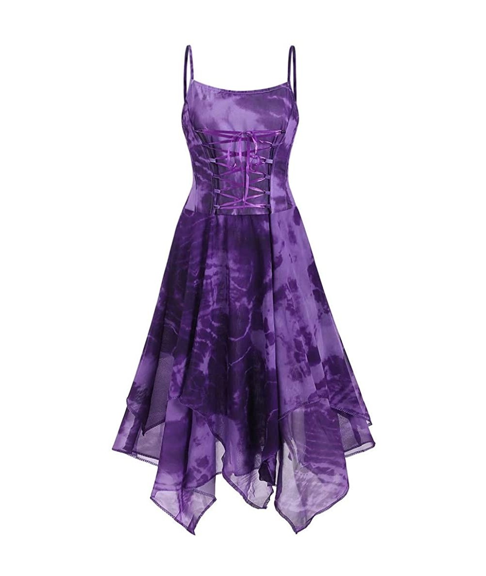 Cover-Ups Irregular Tie Dye Sleeveless Lace Up Corset Bodice Handkerchief Hem Dress Summer Beach Sun Dress - Z2-purple - C819...