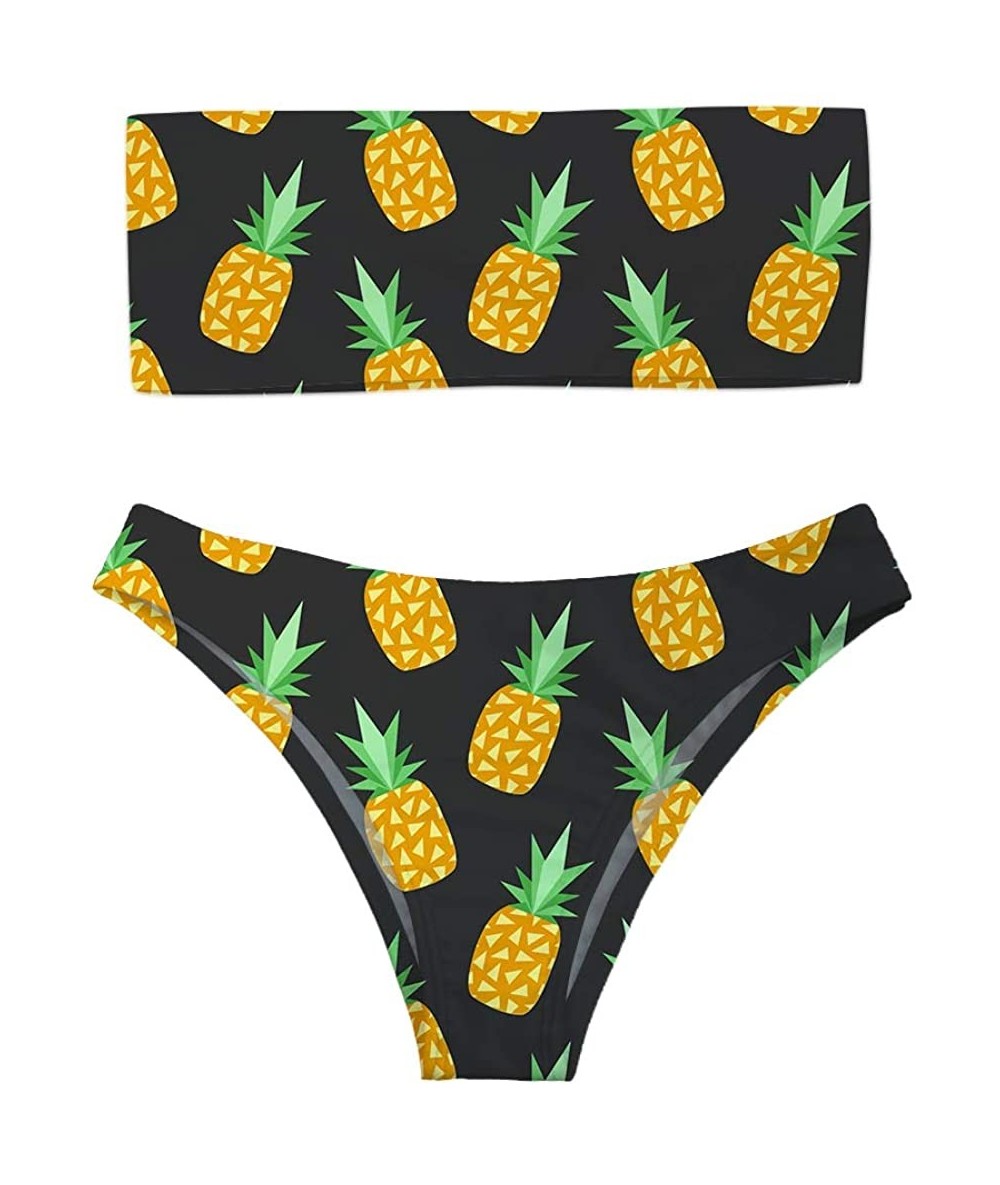 Sets Women's Strapless Vintage 90s Chic Printed Bandeau Bikini Thong Floral 2 Pieces Bathing Suits - Pineapple 2 - CU18QZO9QO...