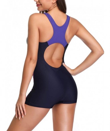 One-Pieces Women's One-Piece Athletic Swimsuit- Colorblock Racerback Boyleg Swimwear - Purple - CK18U585UKY $69.72