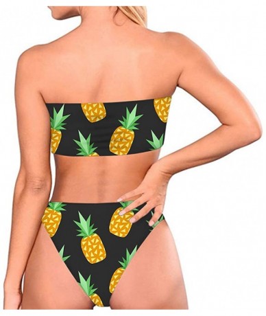 Sets Women's Strapless Vintage 90s Chic Printed Bandeau Bikini Thong Floral 2 Pieces Bathing Suits - Pineapple 2 - CU18QZO9QO...