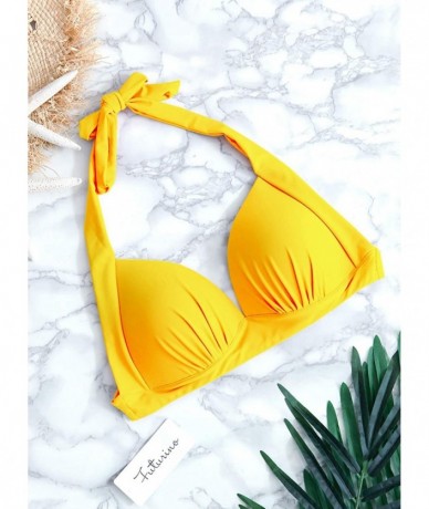 Tops Women's Vintage 50s Plaid Pattern Halter Bikini Top Swimsuits - 01yellow - CF18TKT559M $47.82