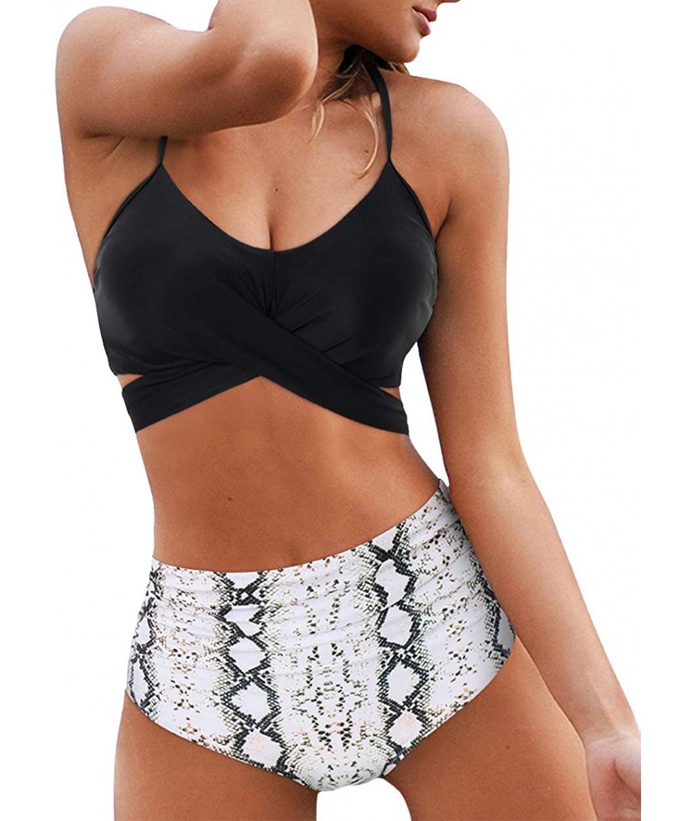 Sets Women's High Waisted Bandage Bikini Set Wrap Two Piece Push Up Swimsuits - 87-black Snakeskin - CF1952INMHC $51.60