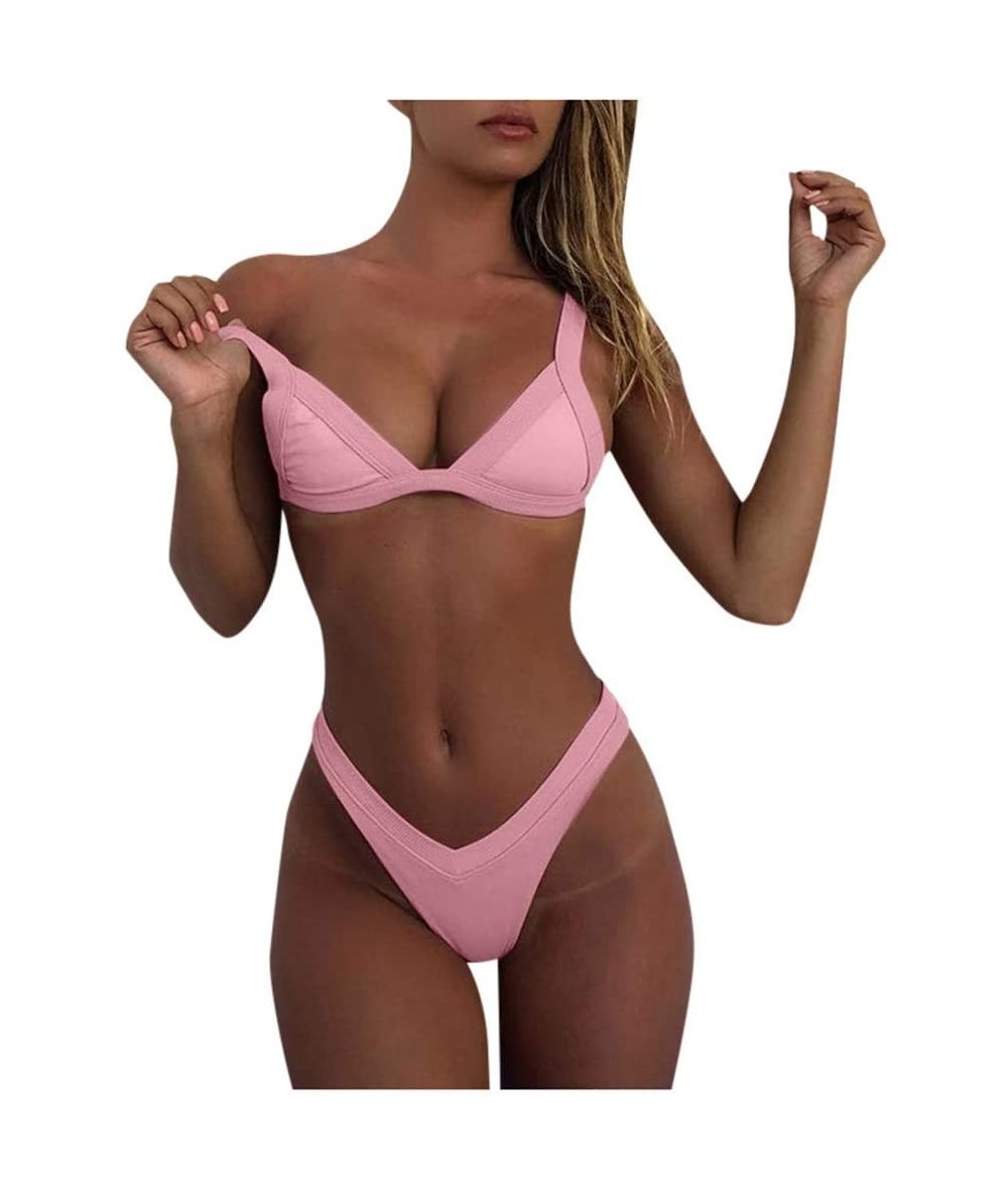 Sets Women's String Two Piece Halter Top Triangle Bikini Set with Tie Side Bottom Sexy Swimsuit Bathing Suits - Pink - CG190Z...