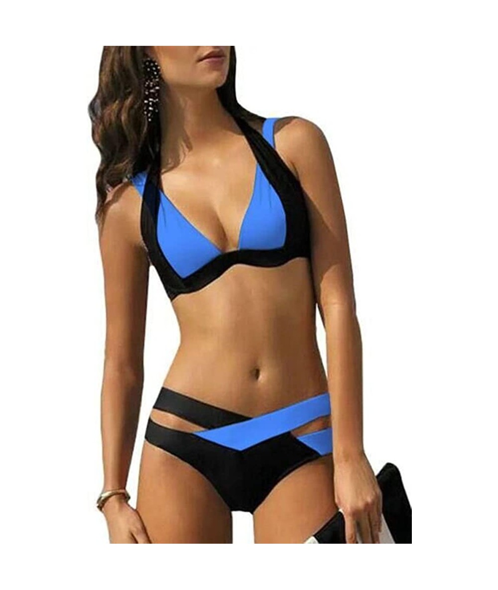 Sets Swimsuit Swimwear Bathing Suit Women Beach Wear Bandage 2PCS Bikini Set Swimsuit - Blue - CX18C8MHHHR $44.17