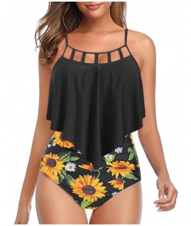 Cover-Ups Swimsuits for Women Sunflower Print Two Pieces Bathing Suits Ruffled Racerback Top with High Waisted Bottom Black -...