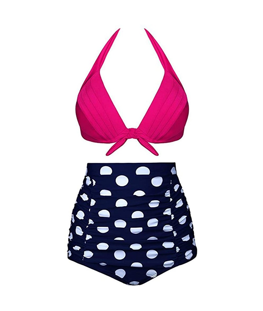 Sets Women Bikini Sets Two Piece Vintage Polka Dot High Waisted Tiered Swimsuit Bathing Suits Swimwear - Z-3 Hot Pink - CD18T...