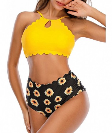 Sets Women Halter Keyhole Scalloped Bikini Set Two Piece Floral Printed High Waited Swimsuit Bathing Suit - Yellow - CS199UEU...