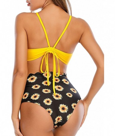 Sets Women Halter Keyhole Scalloped Bikini Set Two Piece Floral Printed High Waited Swimsuit Bathing Suit - Yellow - CS199UEU...