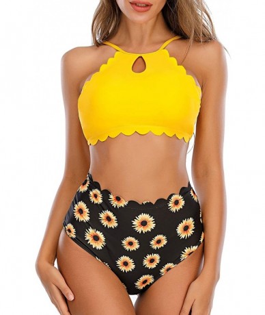 Sets Women Halter Keyhole Scalloped Bikini Set Two Piece Floral Printed High Waited Swimsuit Bathing Suit - Yellow - CS199UEU...