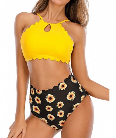 Sets Women Halter Keyhole Scalloped Bikini Set Two Piece Floral Printed High Waited Swimsuit Bathing Suit - Yellow - CS199UEU...