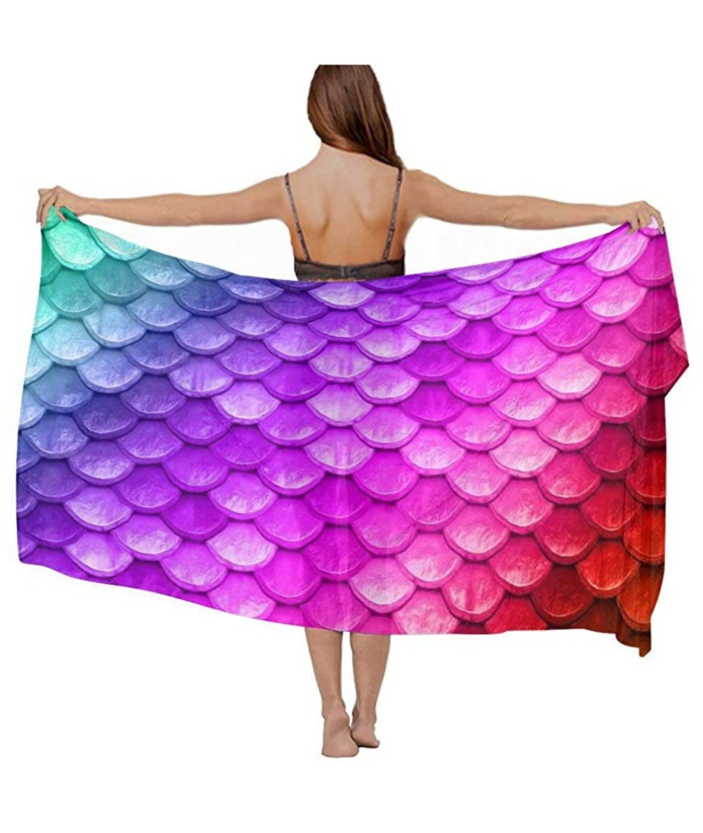 Cover-Ups Women Luxury Chiffon Swimwear Cover Up Oversize Beach Sarong Shawl Wrap Beautiful Colorful Rainbow Mermaid Scales -...