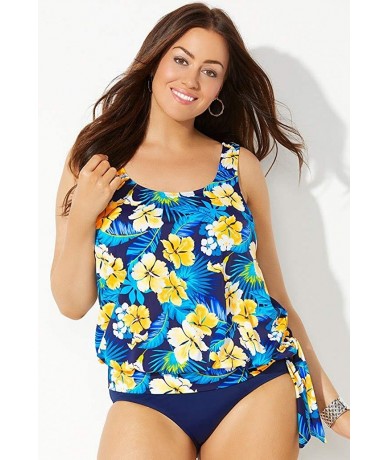 Tankinis Women's Plus Size Side Tie Blouson Tankini Top - Yellow Flower - CL18Y2W5S44 $60.70