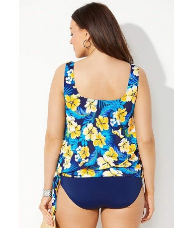 Tankinis Women's Plus Size Side Tie Blouson Tankini Top - Yellow Flower - CL18Y2W5S44 $60.70