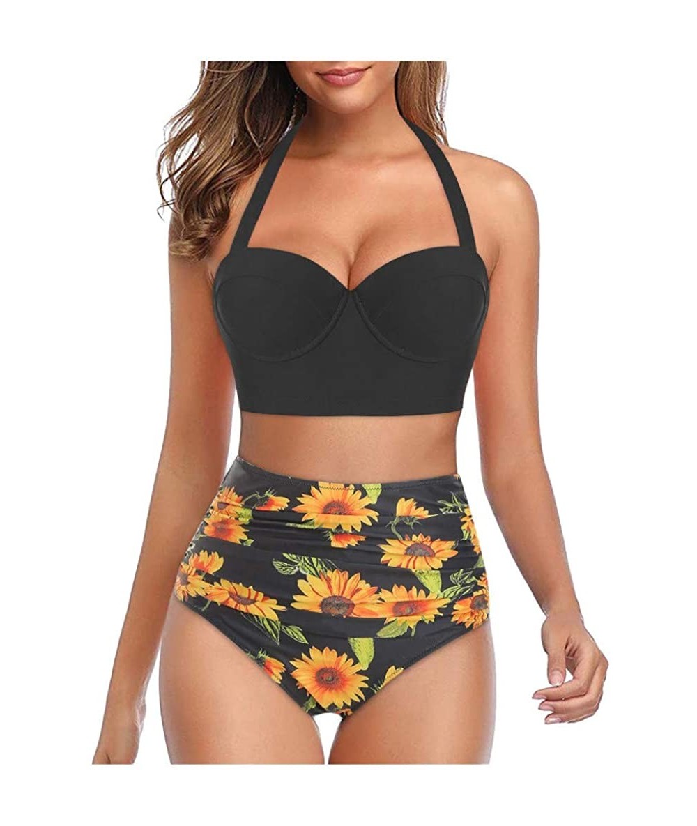 Rash Guards 2020 Women Padded Push Up Bikini Set Floral Halter High Waisted Two Piece Beachewear Swimsuit Bathing Suit Black ...