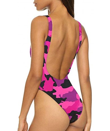 One-Pieces Retro One Piece Bikini Women Elastic High Cut Low Back Swimwear Bathing Suits - Camouflage - CU18OM8ZNUZ $27.17