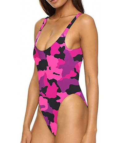 One-Pieces Retro One Piece Bikini Women Elastic High Cut Low Back Swimwear Bathing Suits - Camouflage - CU18OM8ZNUZ $27.17