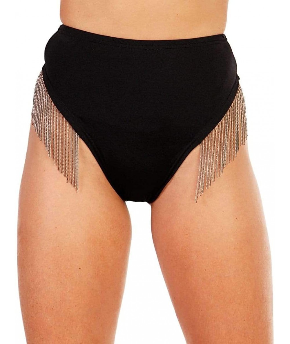 Tankinis Women's High Cut High Waisted Booty Shorts Bottoms - Chain Fringe - CG192LY205Z $65.47