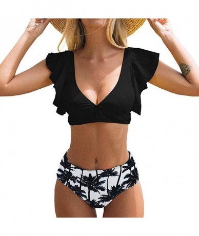 Sets Women's Sexy High Waisted Swimwear Ruffled Print Two Piece Swimsuit Beachwear Brazilian Bikini Set - B-black - CL194RMX3...