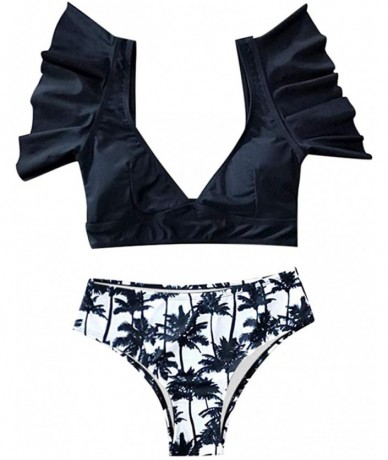 Sets Women's Sexy High Waisted Swimwear Ruffled Print Two Piece Swimsuit Beachwear Brazilian Bikini Set - B-black - CL194RMX3...