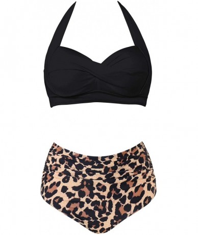 Sets Women Vintage Underwire High Waisted Swimsuit Two Pieces Halter Ruched Bikini - Leopard - C61920MYIDQ $48.19