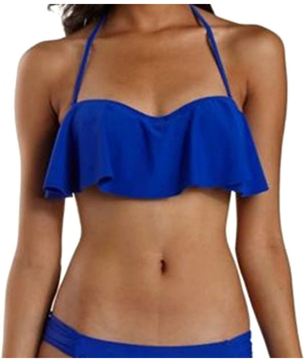 Tops Juniors Women's Swimsuit Bandeau Flounce Bikini Top Firm Cup Bra - Navy - C1182GT5OOQ $18.61