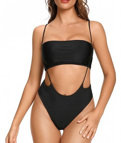 Sets Women's Sexy Bandeau High Wasited Two Pieces Bikini Swimwear High Cut Bathing Suit - Black - CU18U2H62XG $19.05