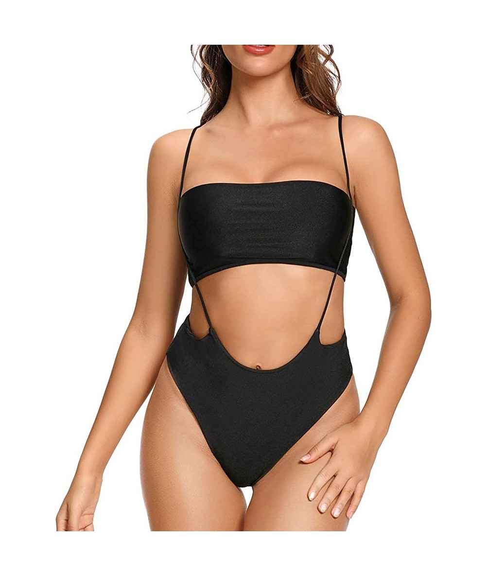 Sets Women's Sexy Bandeau High Wasited Two Pieces Bikini Swimwear High Cut Bathing Suit - Black - CU18U2H62XG $19.05