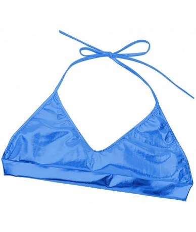 Sets Women's Faux Leather Metallic Bikini Set Halter Bra Top and Shorts Swimsuit - Blue - CX18YSMM948 $32.15