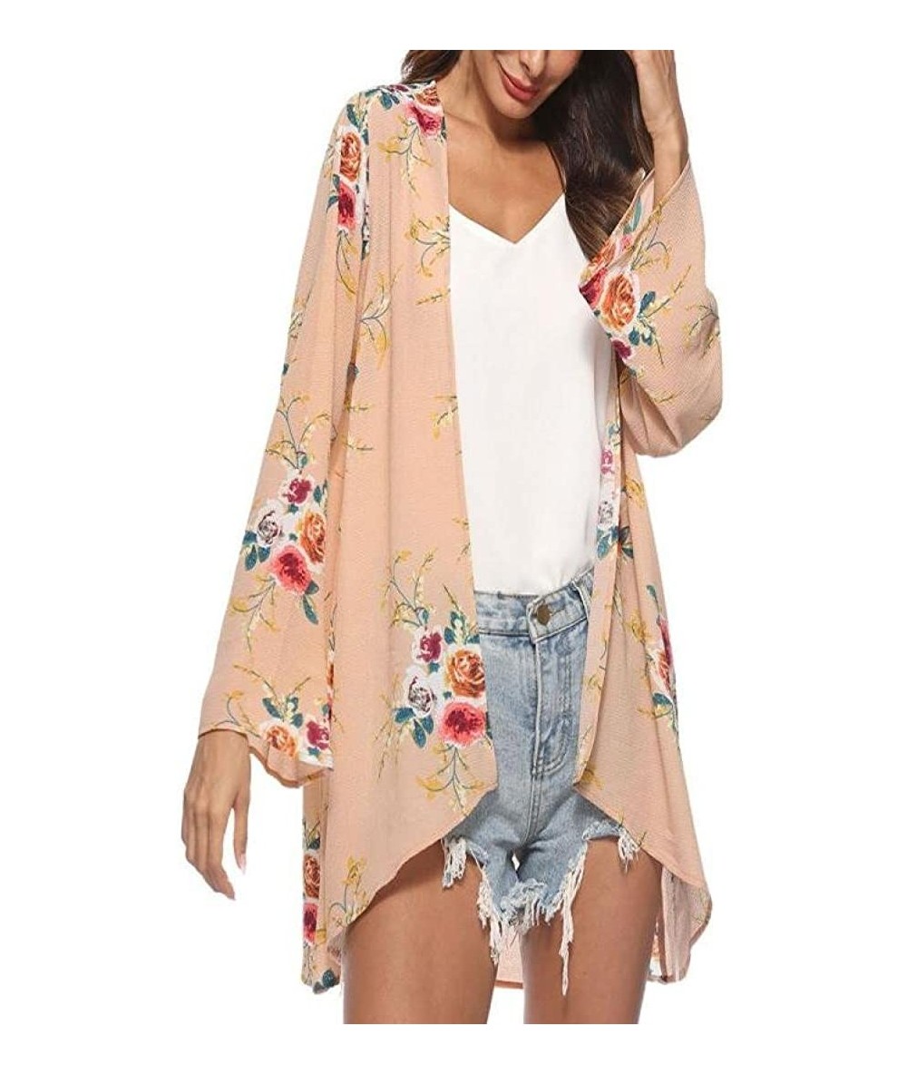 Cover-Ups Floral Cover Up Cardigan Loose Kimono for Women Casual Tops Blouse Capes - Khaki - CP18H5DHYUK $21.76