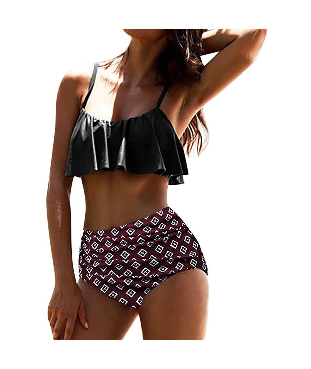 Sets Women High Waist Bikinis Swimwear Swimuit Female Retro Beachewear Bikini Set Beachwear Bandeau Bikini Sets Wine Red - CM...