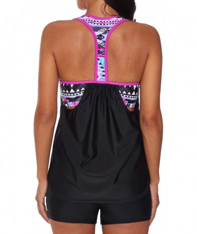 Sets Womens Blouson Strappy T-Back Push Up Tankini Top Swimsuits with Shorts - Black - CH195N3HR04 $48.12