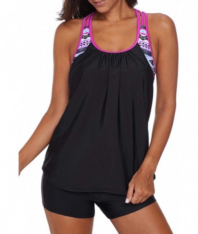 Sets Womens Blouson Strappy T-Back Push Up Tankini Top Swimsuits with Shorts - Black - CH195N3HR04 $48.12