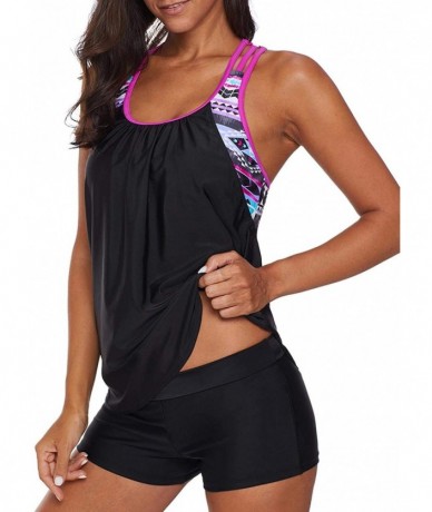 Sets Womens Blouson Strappy T-Back Push Up Tankini Top Swimsuits with Shorts - Black - CH195N3HR04 $48.12