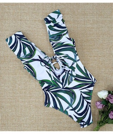 One-Pieces Women One Piece Swimsuit V-Neck Ruffle Bathing Suit Padded Monokini - Green Leaves/White - CV19EIR40QU $48.85