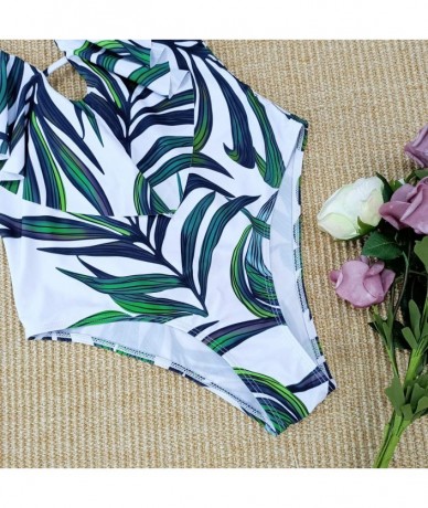 One-Pieces Women One Piece Swimsuit V-Neck Ruffle Bathing Suit Padded Monokini - Green Leaves/White - CV19EIR40QU $48.85