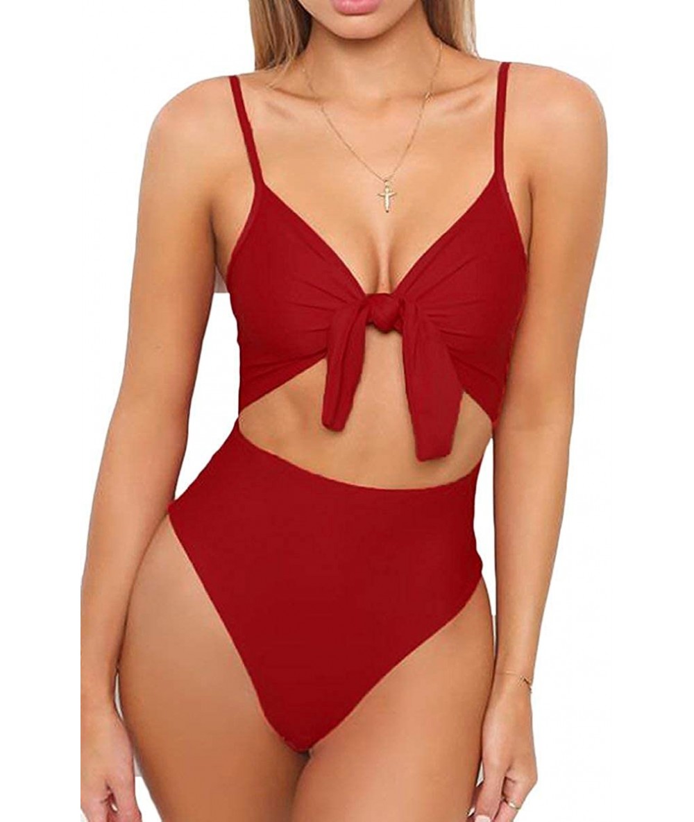 One-Pieces Women's Spaghetti Strap Tie Knot Front Cut Out High Waist One Piece Swimsuits - Wine Red - CE18REIR9AD $38.65