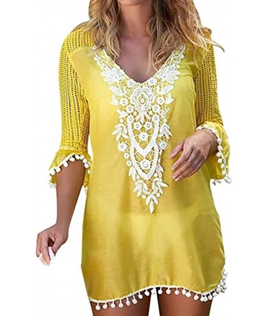 Rash Guards Swimsuit Cover Ups for Women Pom Pom Trim Tassel Lace Crochet Swimwear Beach Cover Up - Yellow - CN196OWMIZ8 $26.70