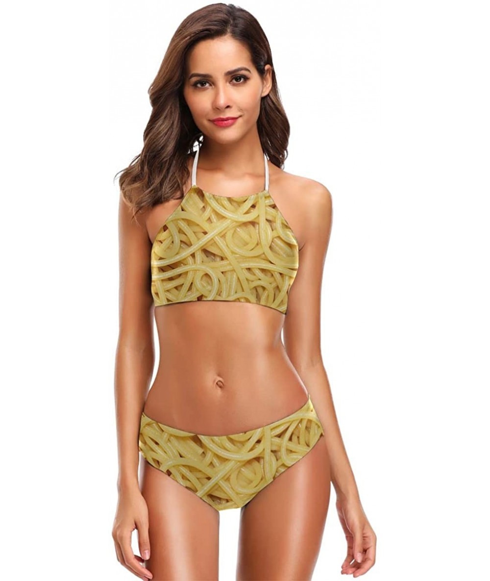 Sets Penguin Print 2 Pcs Halter High Waist Swimsuit Bathing Set for Woman Girls - Pasta Noodles Printed - CV18QH5ENNG $56.14