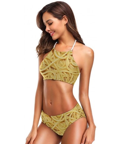 Sets Penguin Print 2 Pcs Halter High Waist Swimsuit Bathing Set for Woman Girls - Pasta Noodles Printed - CV18QH5ENNG $56.14