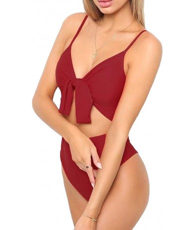 One-Pieces Women's Spaghetti Strap Tie Knot Front Cut Out High Waist One Piece Swimsuits - Wine Red - CE18REIR9AD $38.65