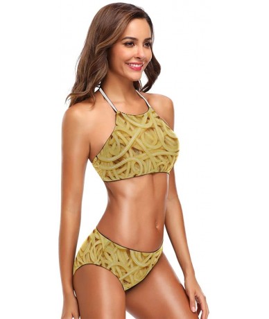 Sets Penguin Print 2 Pcs Halter High Waist Swimsuit Bathing Set for Woman Girls - Pasta Noodles Printed - CV18QH5ENNG $56.14