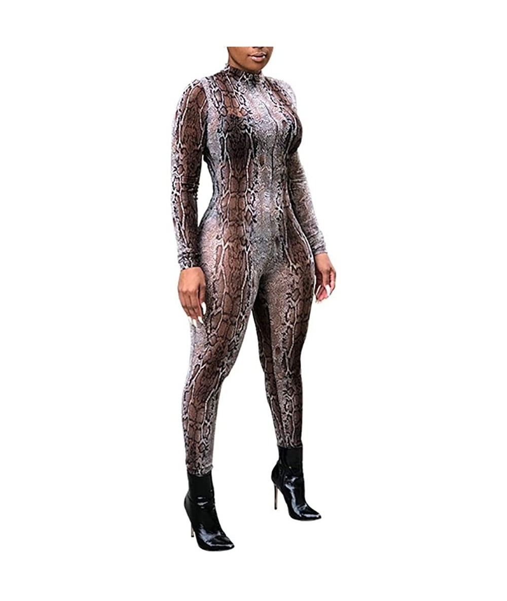 Sets Womens Sexy Leopard Bodycon Jumpsuit - Mesh Sheer Long Sleeve Romper Clubwear - Sexy Snake - CG18ZA0M073 $44.07