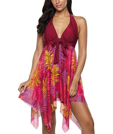 Tankinis Modest Swimsuits Halter Tankini Dress Mesh Printed Two Piece Bathing Suits Swimwear - 1-red - CD194KQH28R $44.83