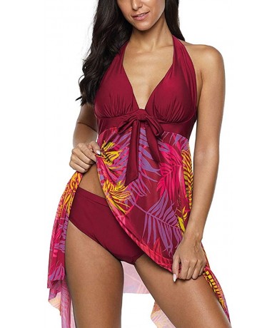 Tankinis Modest Swimsuits Halter Tankini Dress Mesh Printed Two Piece Bathing Suits Swimwear - 1-red - CD194KQH28R $44.83