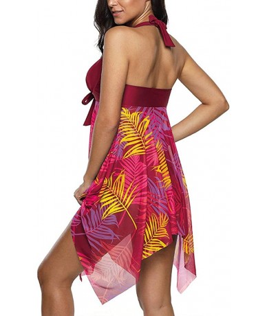 Tankinis Modest Swimsuits Halter Tankini Dress Mesh Printed Two Piece Bathing Suits Swimwear - 1-red - CD194KQH28R $44.83