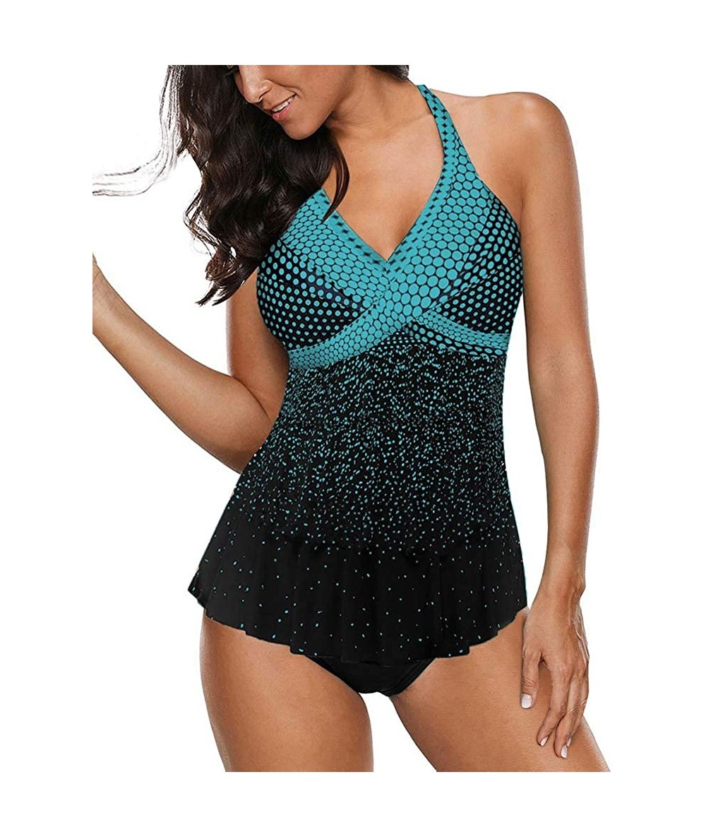 Tankinis Womens Halter Swimdress 2 Piece Swimsuit Tankini Set Tummy Control Bathing Suit - B-turquoise - C7199CUN8O4 $50.21